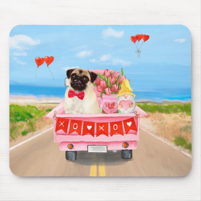 Pug Dog Valentine's Day Truck Hearts Mouse Pad (Front)