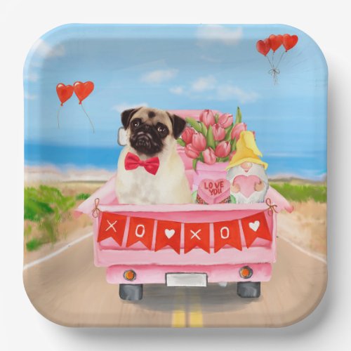 Pug Dog Valentines Day Truck Hearts Paper Plates