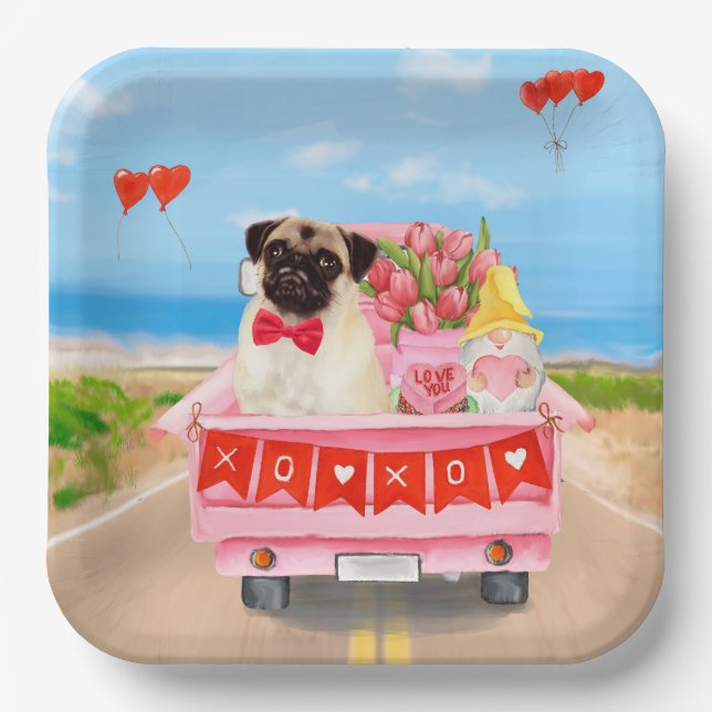 Pug Dog Valentine's Day Truck Hearts Paper Plates (Front)