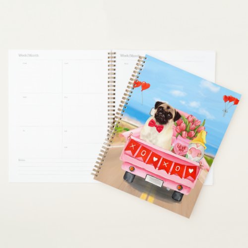 Pug Dog Valentines Day Truck Hearts Planner