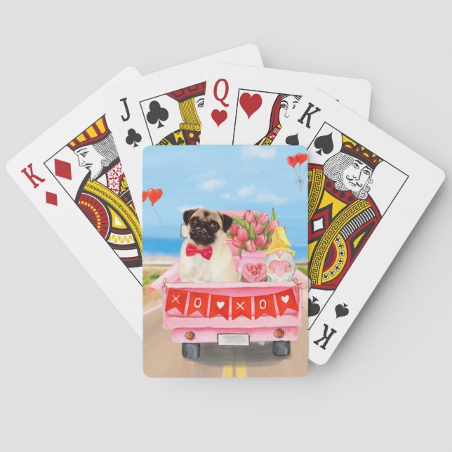 Pug Dog Valentine's Day Truck Hearts Poker Cards (Back)