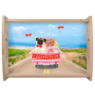 Pug Dog Valentine's Day Truck Hearts Serving Tray