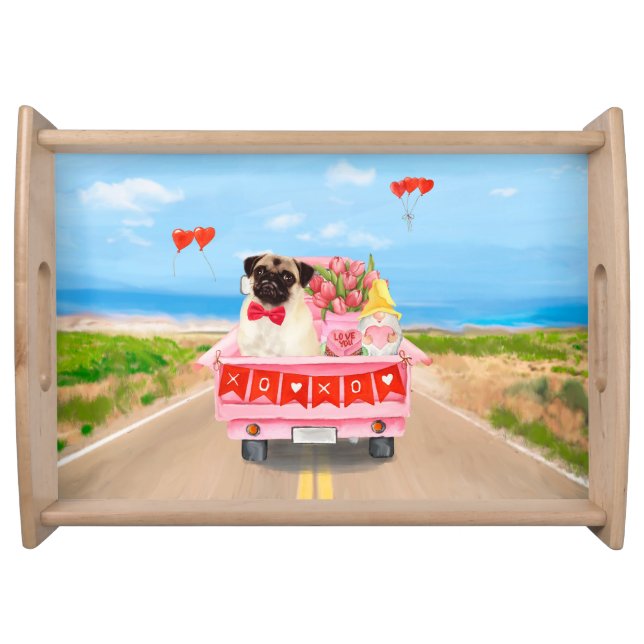 Pug Dog Valentine's Day Truck Hearts Serving Tray (Front)