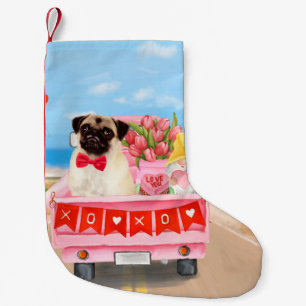 Pug Dog Valentine's Day Truck Hearts Small Christmas Stocking