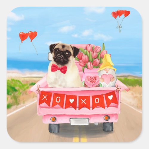 Pug Dog Valentines Day Truck Hearts Square Sticker