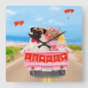 Pug Dog Valentine's Day Truck Hearts Square Wall Clock