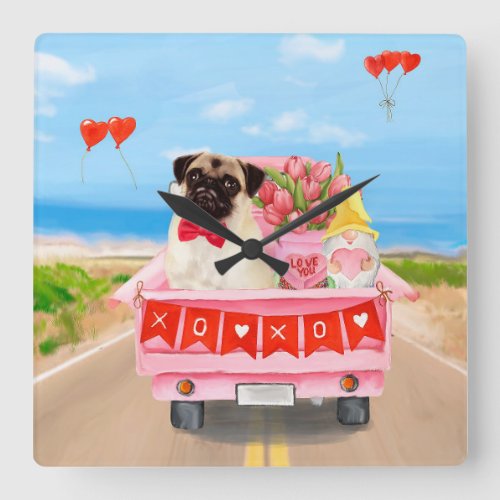 Pug Dog Valentines Day Truck Hearts Square Wall Clock