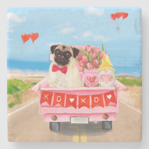 Pug Dog Valentines Day Truck Hearts Stone Coaster