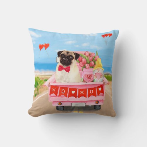 Pug Dog Valentines Day Truck Hearts Throw Pillow