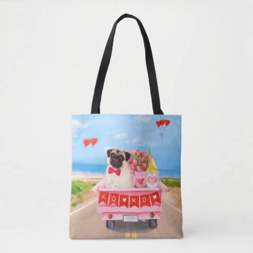 Pug Dog Valentines Day Truck Hearts Tote Bag