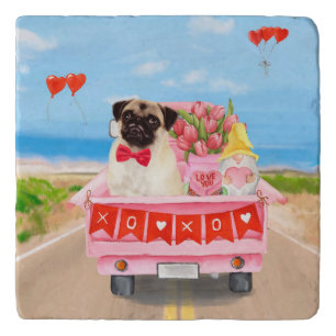 Pug Dog Valentine's Day Truck Hearts Trivet
