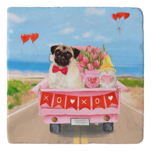 Pug Dog Valentines Day Truck Hearts Trivet