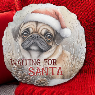 Pug Dog Waiting For Santa Christmas Watercolor Round Pillow