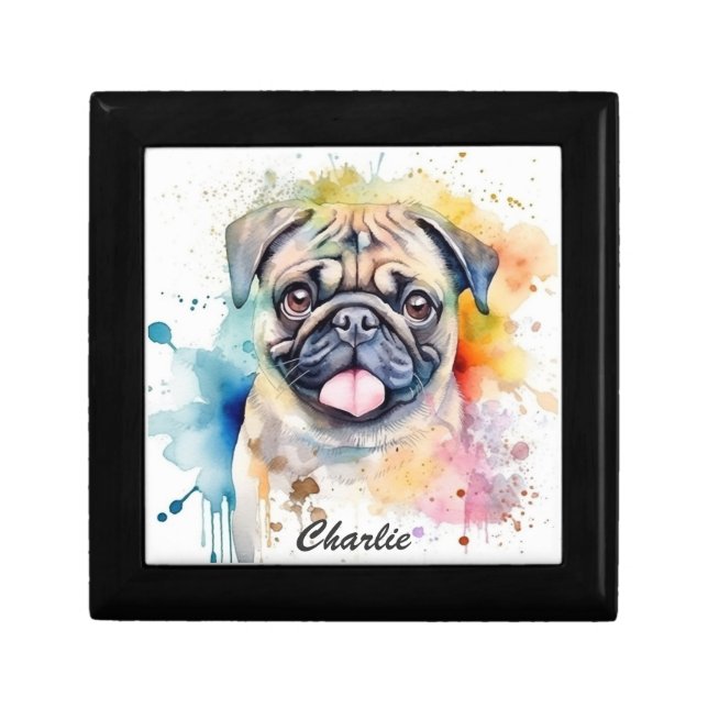 Pug Dog, Watercolor Art, Custom Name Gift Box (Front)