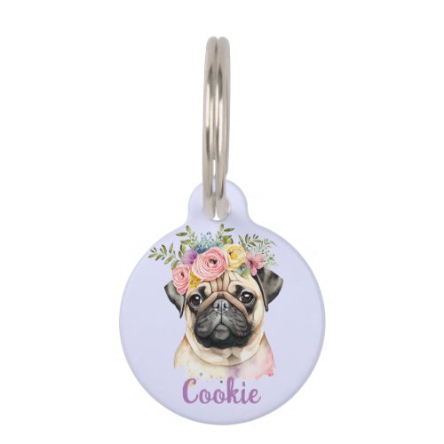 PUG Dog Watercolor Flower Round Pet Tag