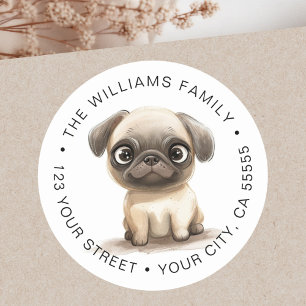 Pug dog watercolor illustration return address classic round sticker