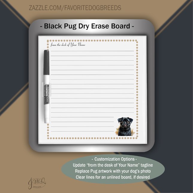 Pug Dog Watercolor Personalized lined Dry Erase Board (Cute black pug illustration on a lined dry erase board with customizable header, photo template.)