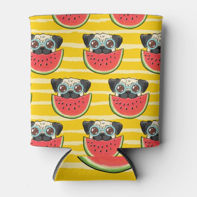 Pug Dog Watermelon: Summer Seamless. Can Cooler (Front)