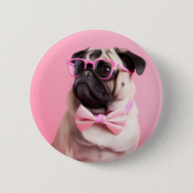 pug dog wearing bow button (Front)