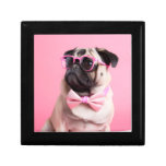 pug dog wearing bow gift box