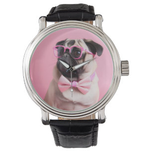 pug dog wearing bow watch