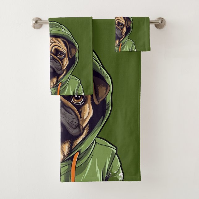 Pug Dog Wearing Green Hoodie Bath Towel Set (Insitu)