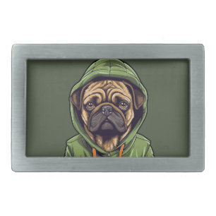 Pug Dog Wearing Green Hoodie Belt Buckle