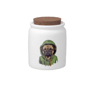 Pug Dog Wearing Green Hoodie Candy Jar