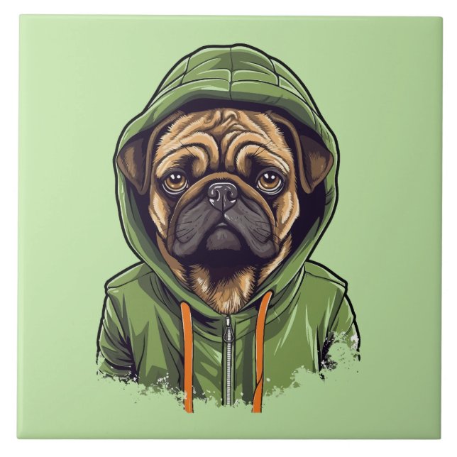 Pug Dog Wearing Green Hoodie Ceramic Tile (Front)