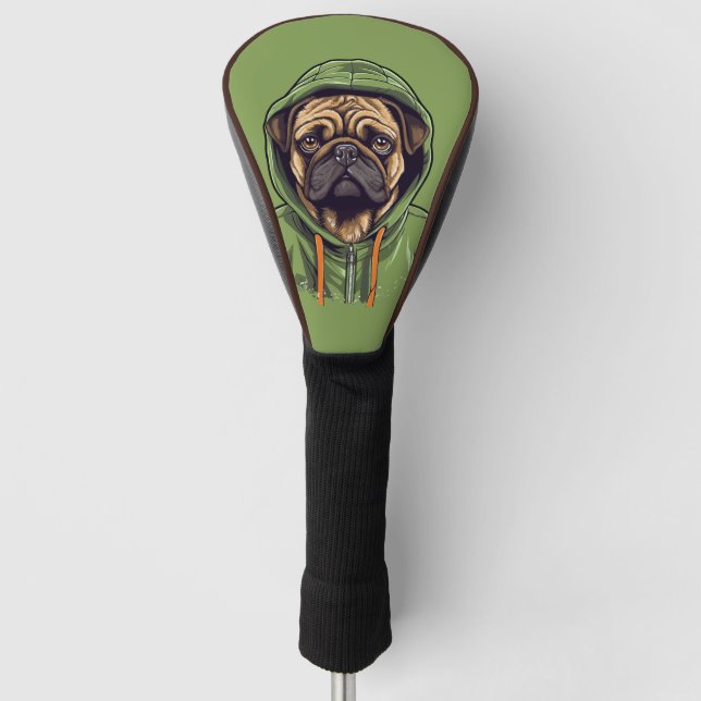 Pug Dog Wearing Green Hoodie Driver Golf Head Cover (Front)