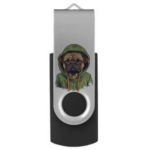 Pug Dog Wearing Green Hoodie Flash Drive