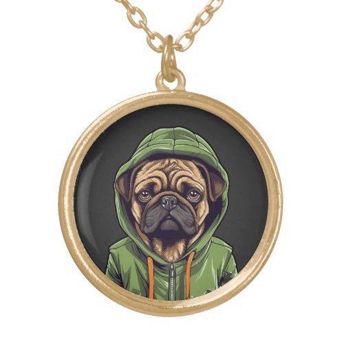 Pug Dog Wearing Green Hoodie Gold Plated Necklace