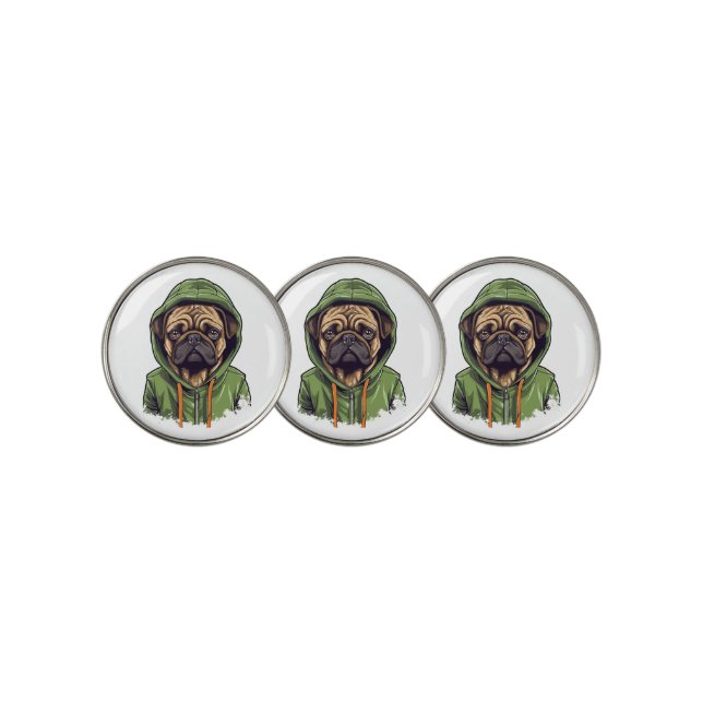 Pug Dog Wearing Green Hoodie Golf Ball Marker (3 Up)