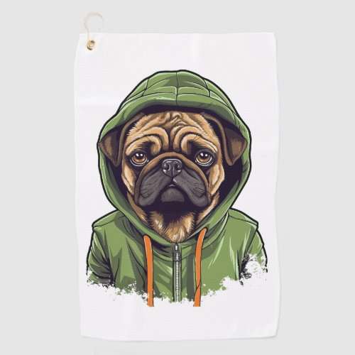 Pug Dog Wearing Green Hoodie Golf Towel