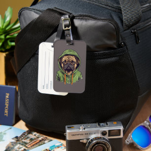 Pug Dog Wearing Green Hoodie Luggage Tag