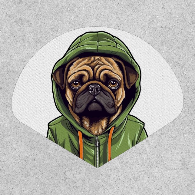 Pug Dog Wearing Green Hoodie Patch (Front)