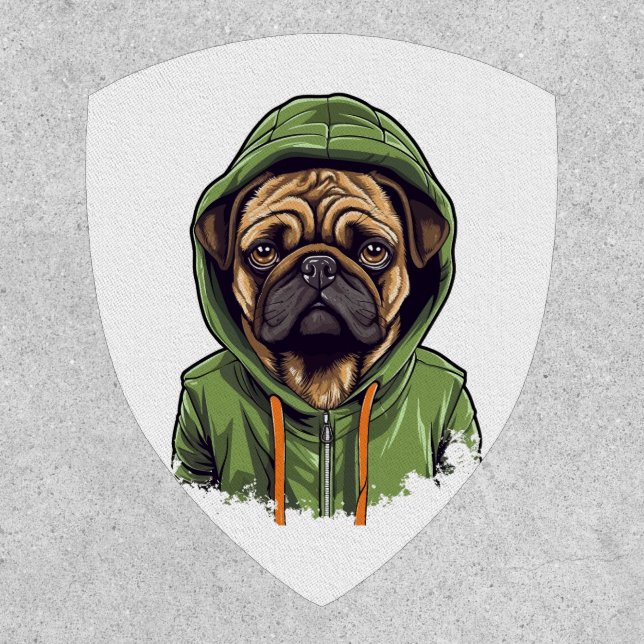Pug Dog Wearing Green Hoodie Patch (Front)