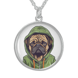 Pug Dog Wearing Green Hoodie Sterling Silver Necklace