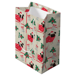 Pug Dog Wearing Sweater & Christmas Santa Hat Medium Gift Bag