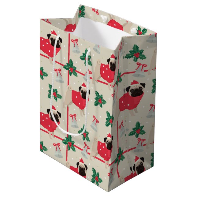 Pug Dog Wearing Sweater & Christmas Santa Hat Medium Gift Bag (Front Angled)