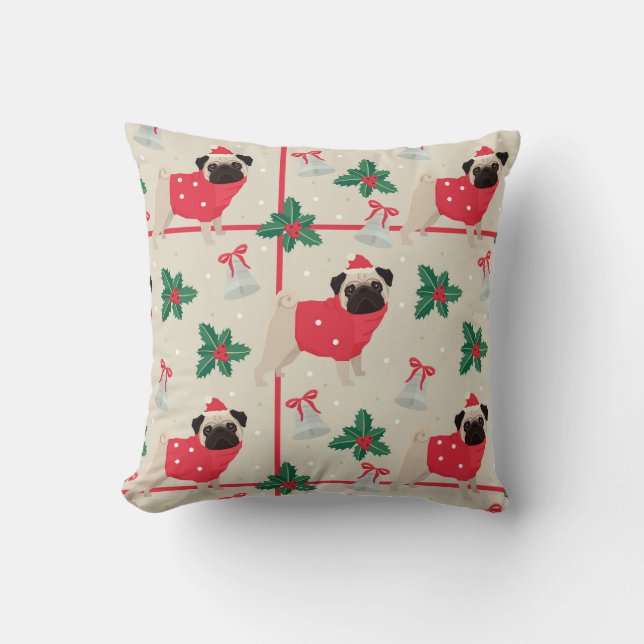 Pug Dog Wearing Sweater & Christmas Santa Hat Throw Pillow (Front)