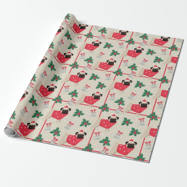 Pug Dog Wearing Sweater & Christmas Santa Hat Wrapping Paper (Unrolled)