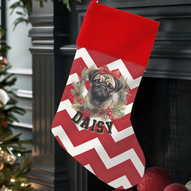 Pug dog with bow christmas wreath, custom name christmas stocking (Creator Uploaded)