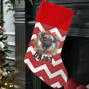 Pug dog with bow christmas wreath, custom name stocking