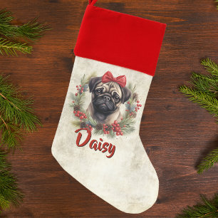 Pug dog with bow christmas wreath, custom name stocking
