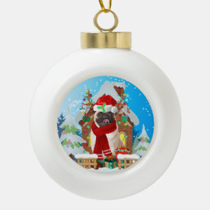 Pug dog with Christmas gifts Ceramic Ball Christmas Ornament
