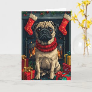 Pug Dog With Christmas Gifts Fireplace  Card
