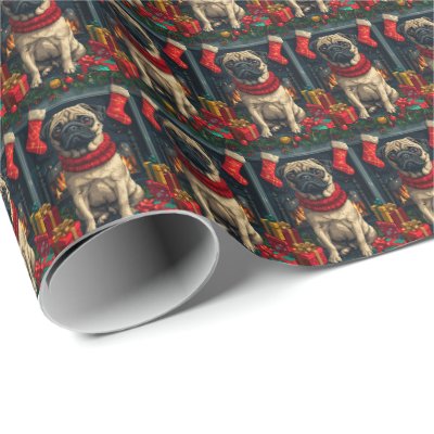 Pug Dog With Christmas Gifts Fireplace  Wrapping Paper