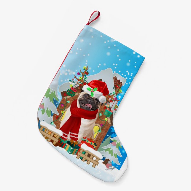 Pug dog with Christmas gifts Small Christmas Stocking (Front (Hanging))