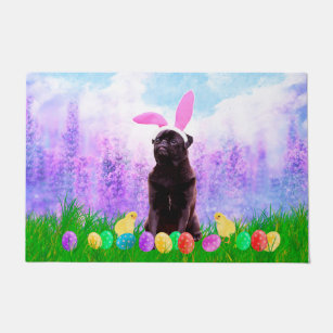 Pug Dog with Easter Eggs Bunny Chicks Doormat